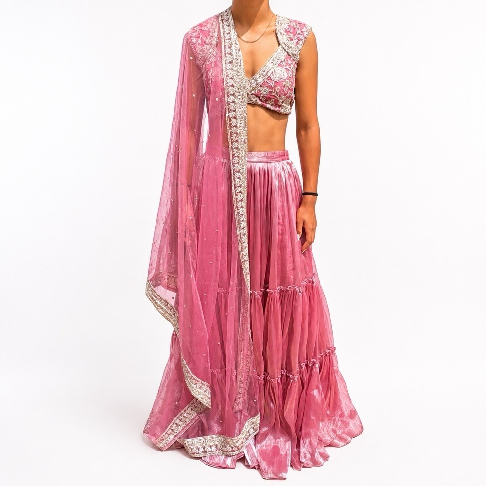Elegant Pink Women's Lehenga with Embellished Blouse and Dupatta